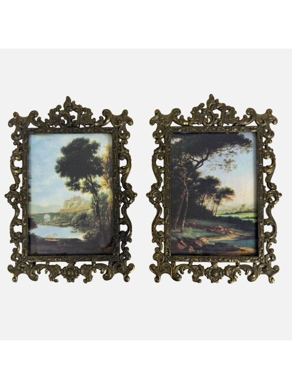 Vintage Pair Italian Rural Scene Prints Ornate Brass Wall Frames Made In ITALY